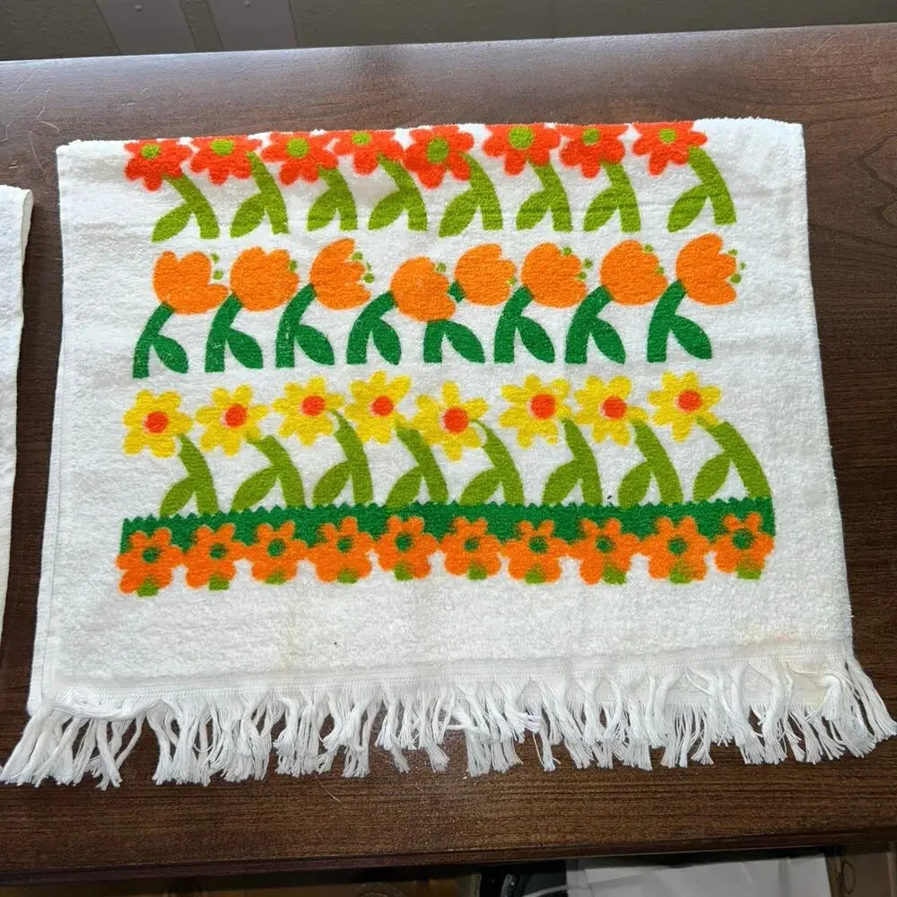 2 NOS vintage floral towels 1970s orange yellow green flower fringe edges retro